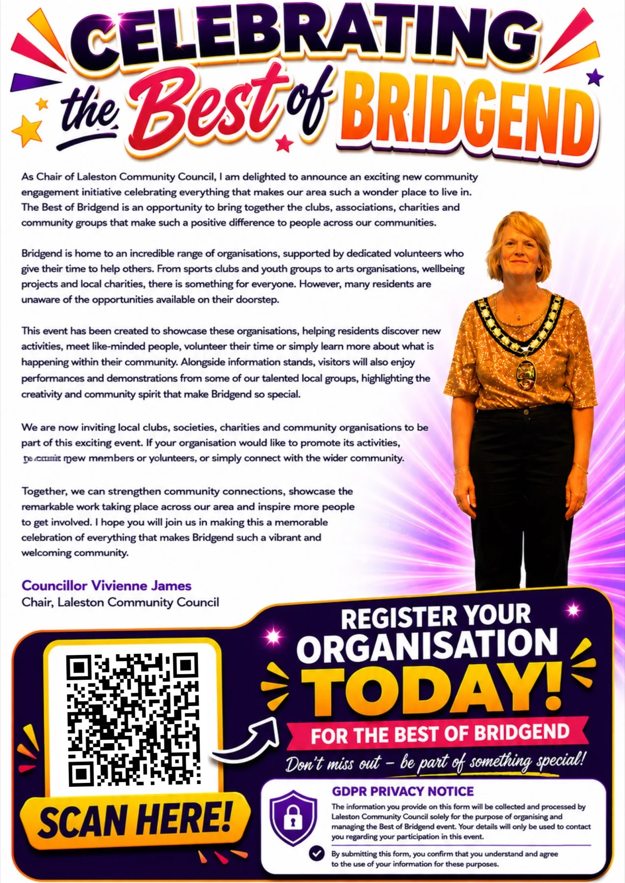 Letter from Councillor Vivienne James, Chair of Laleston Community Council, inviting local clubs, societies, charities and community organisations to take part in The Best of Bridgend Showcase.