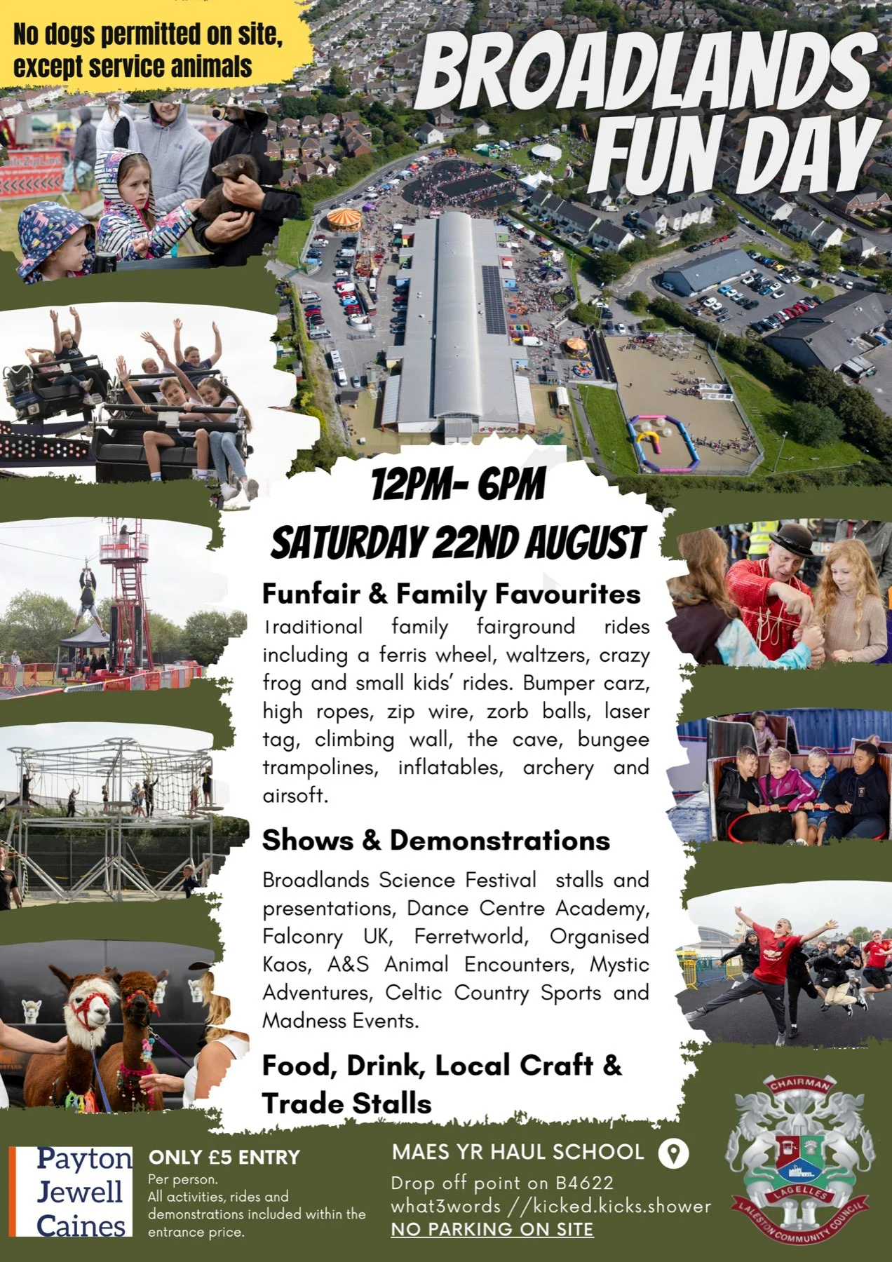 Broadlands Fun Day 2026 poster. Saturday 22 August, 12pm to 6pm at Maes yr Haul School. Five pounds entry per person, including all rides, activities and demonstrations.
