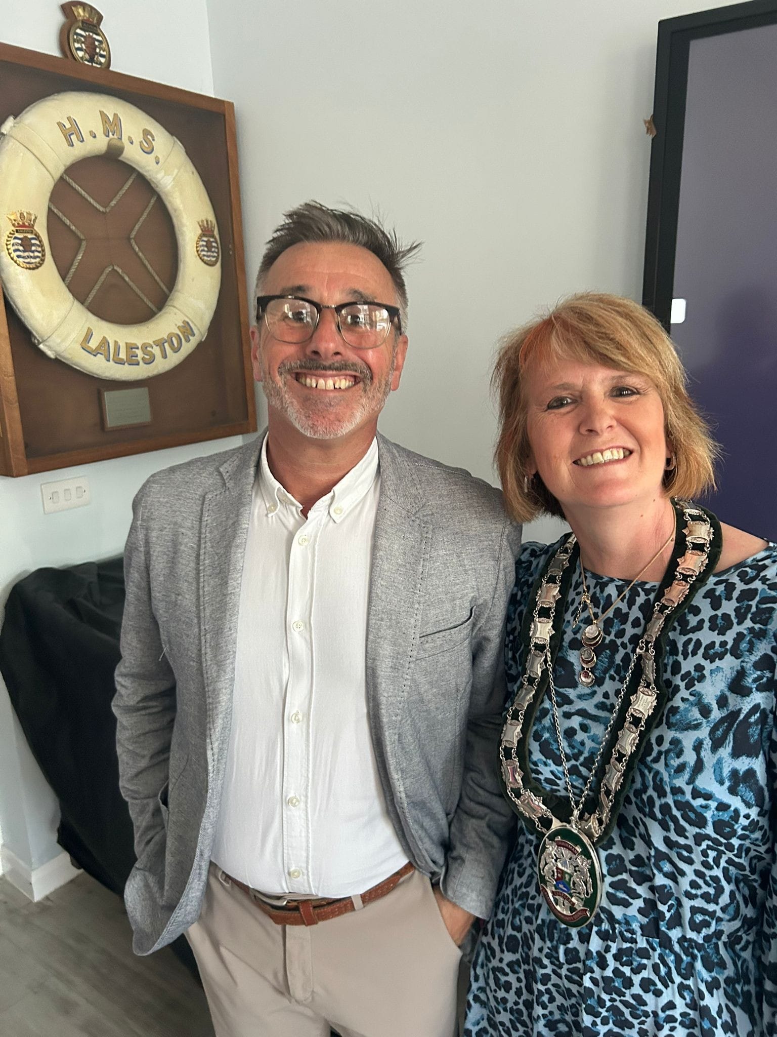 Chair Vivienne James with Graham Loveluck-Edwards Laleston’s 800-Year Story Explored at St David’s Church Hall