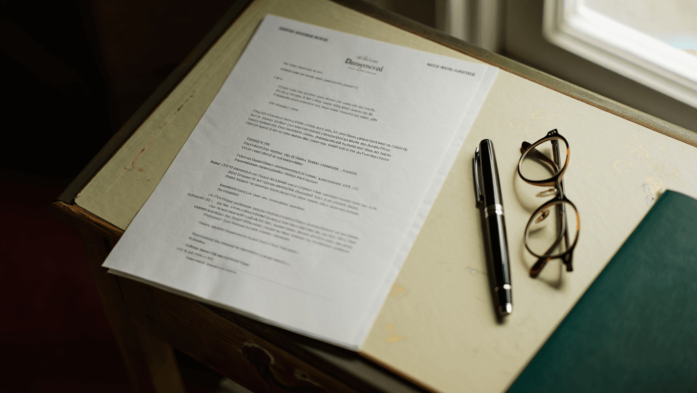 Councillors Responsibilities Desk A councillor's desk with agenda paper, pen and reading glasses