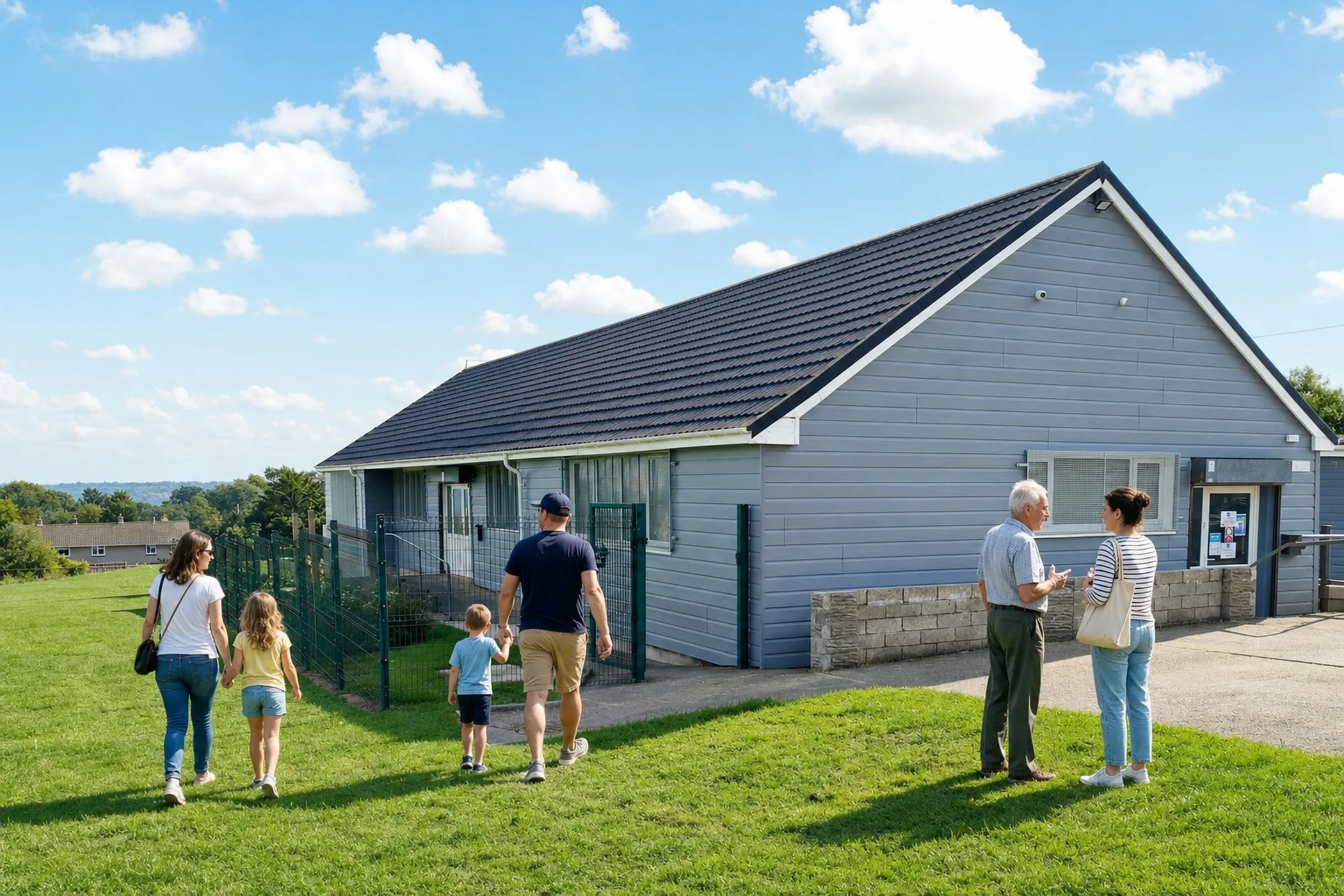 Bryntirion and Laleston Community Centre on a bright summer day, with residents walking past and chatting outside