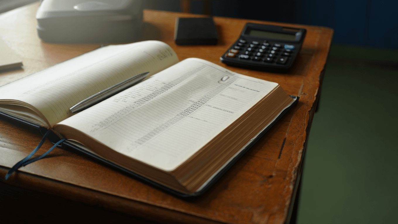Members Remuneration Ledger Council financial ledger book with calculator on a wooden desk