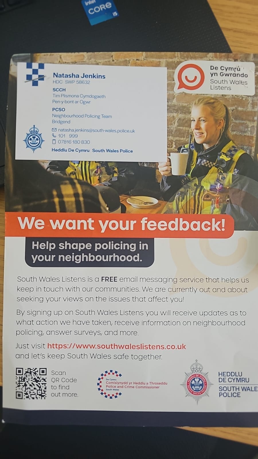 South Wales Police information brochure — PCSO Natasha Jenkins contact details