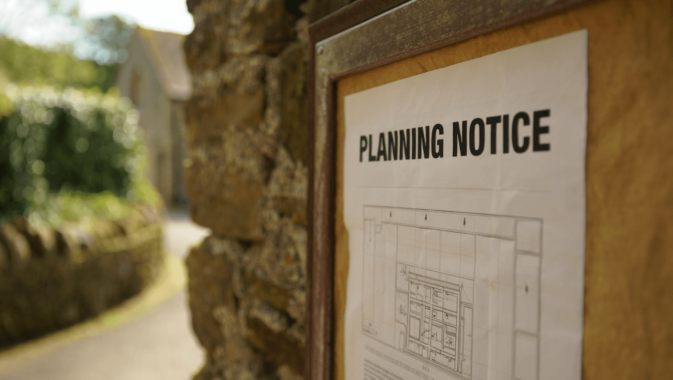 Planning consultee A planning notice pinned to a stone wall in a Welsh village