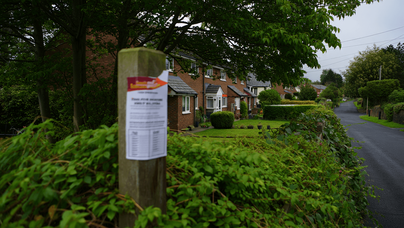 Planning Village Notice A planning notice on a wooden post in a Welsh village street