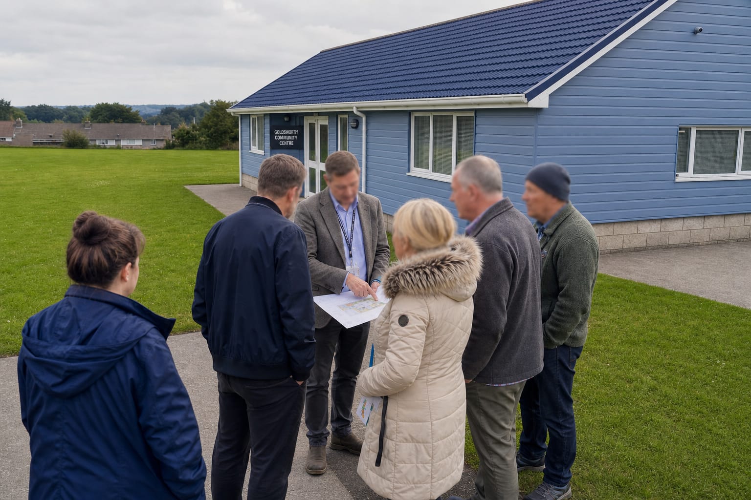 Project Management Committee Councillors and residents in conversation outside Bryntirion Community Centre