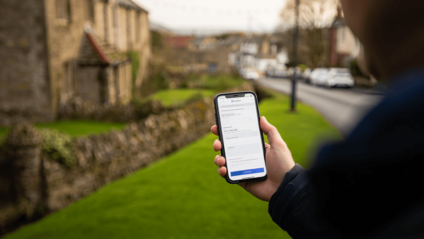 Report an issue A smartphone showing a council reporting form, held in a traditional village street